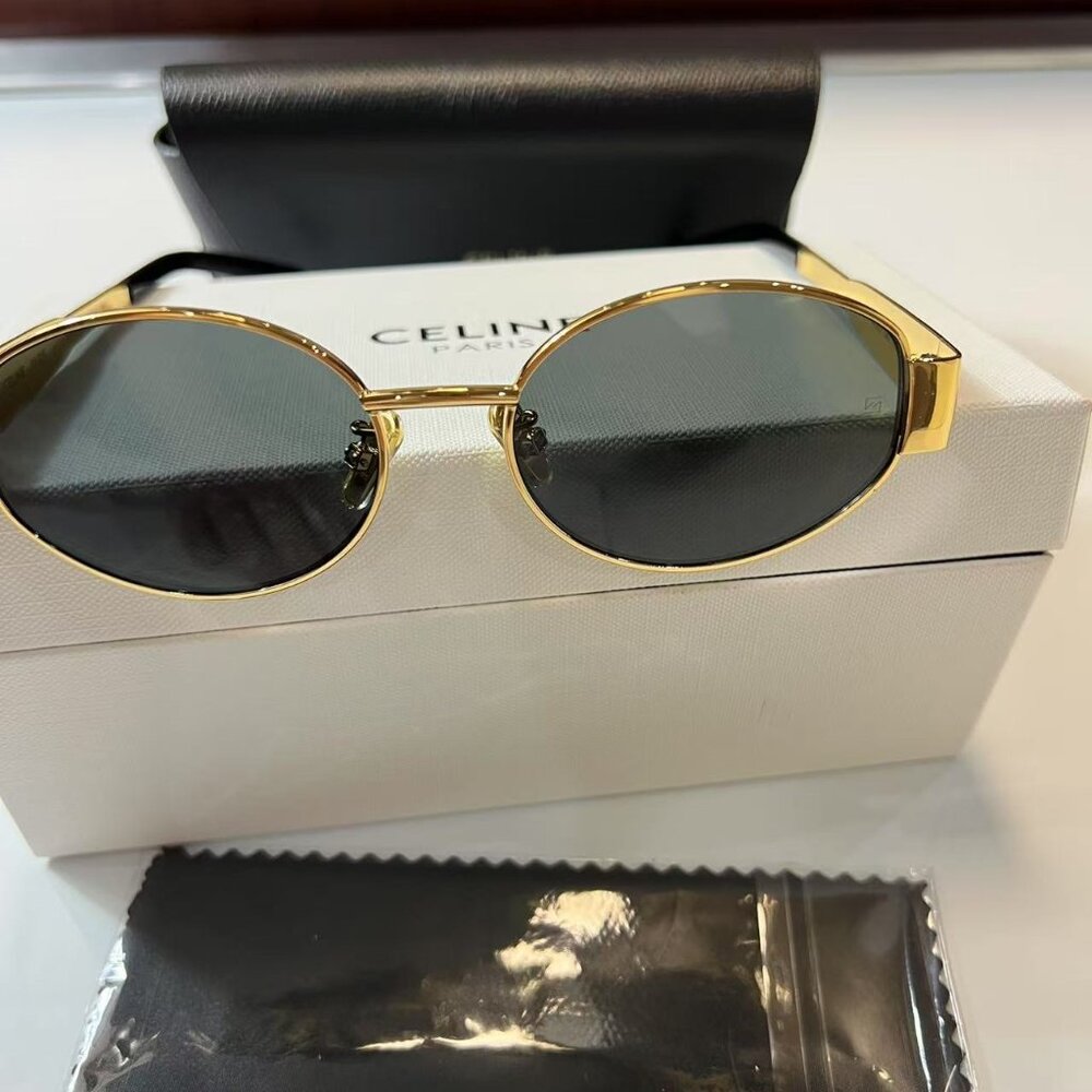 Celine Triomphe Metal CL40235U 30N Oval Sunglasses in Gold with Green Lenses